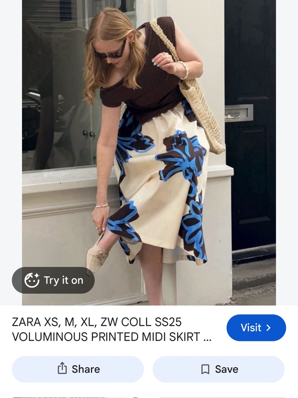ZARA Cream Midi Skirt with Blue and Brown Abstract Print